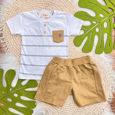 Conj. Camiseta Bolsinho com Âncora e Bermuda - Branco, Azul Jeans e Caramelo